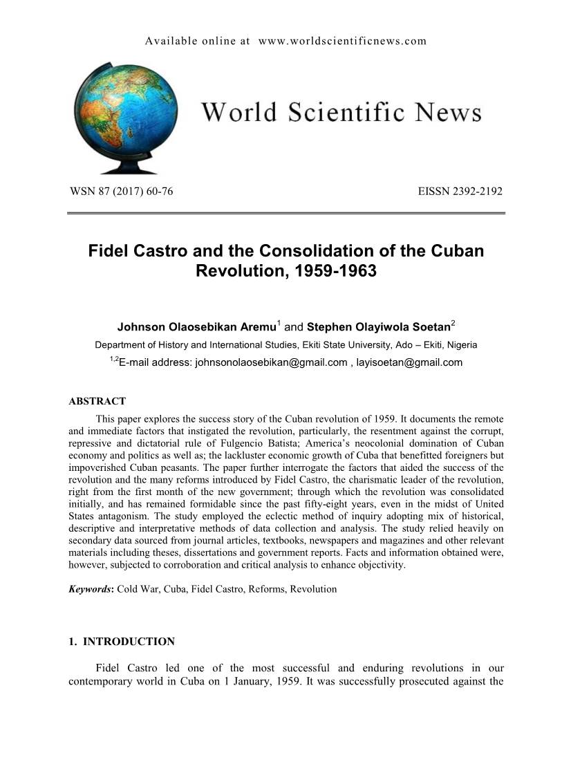 Fidel Castro and the Consolidation of the Cuban Revolution, 1959-1963