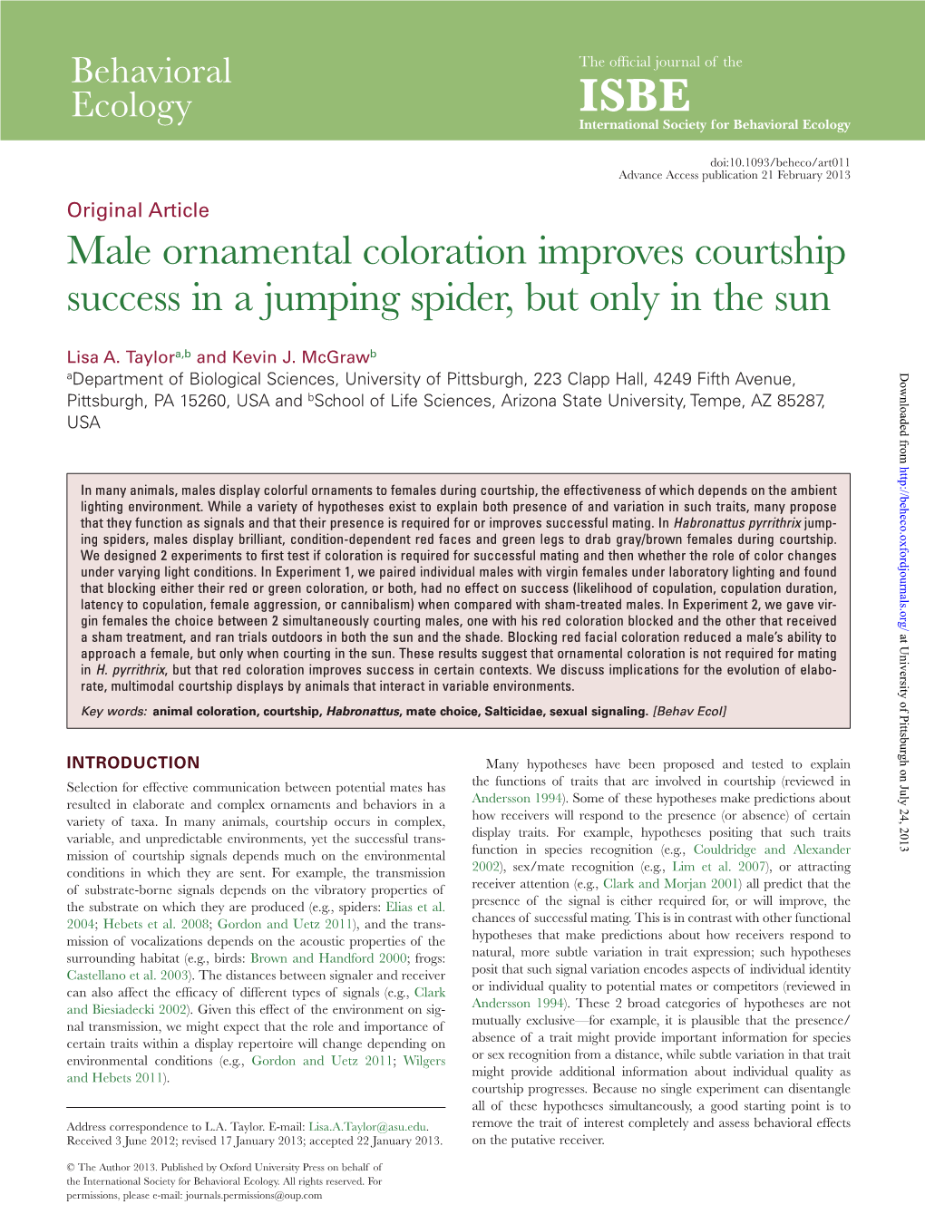 Male Ornamental Coloration Improves Courtship Success in a Jumping Spider, but Only in the Sun