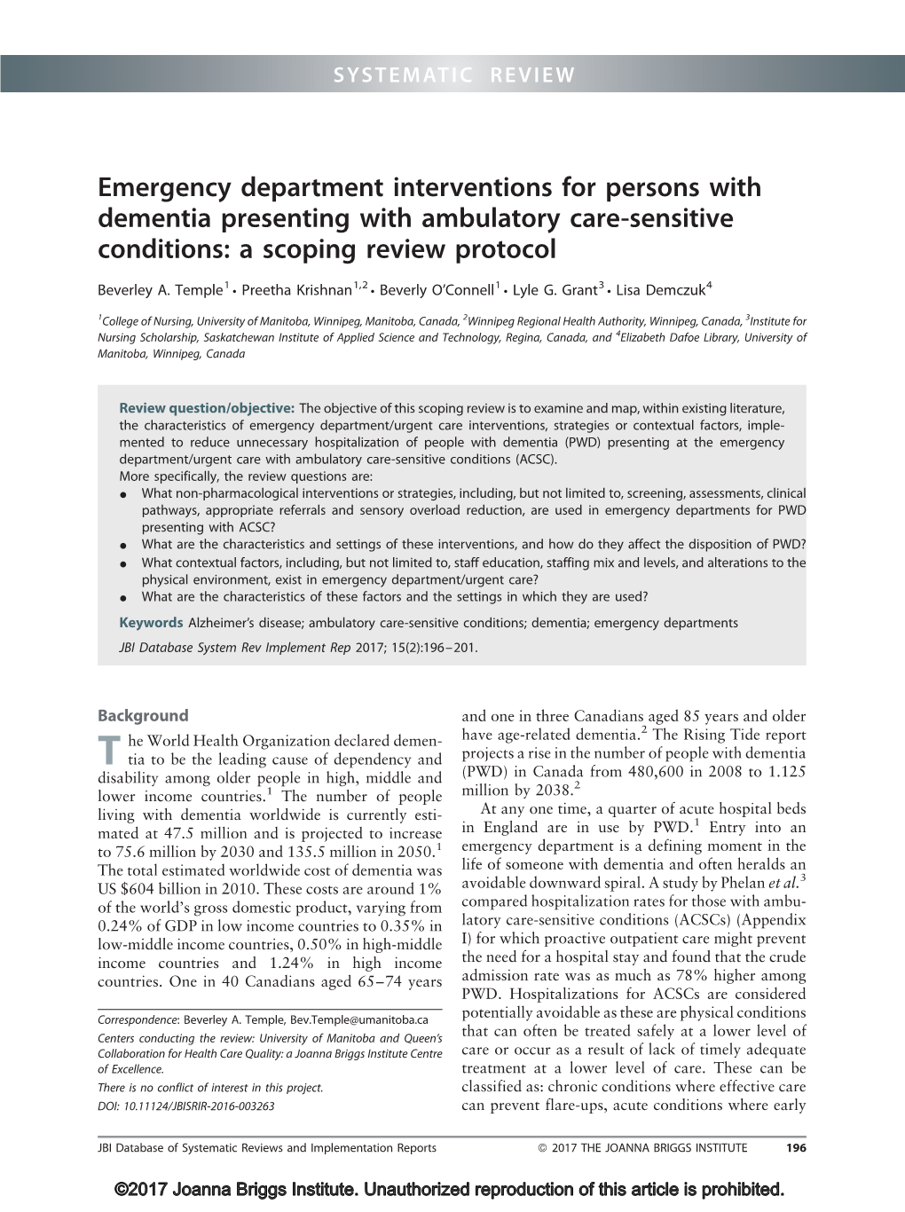 Emergency Department Interventions for Persons with Dementia Presenting with Ambulatory Care-Sensitive Conditions: a Scoping Review Protocol