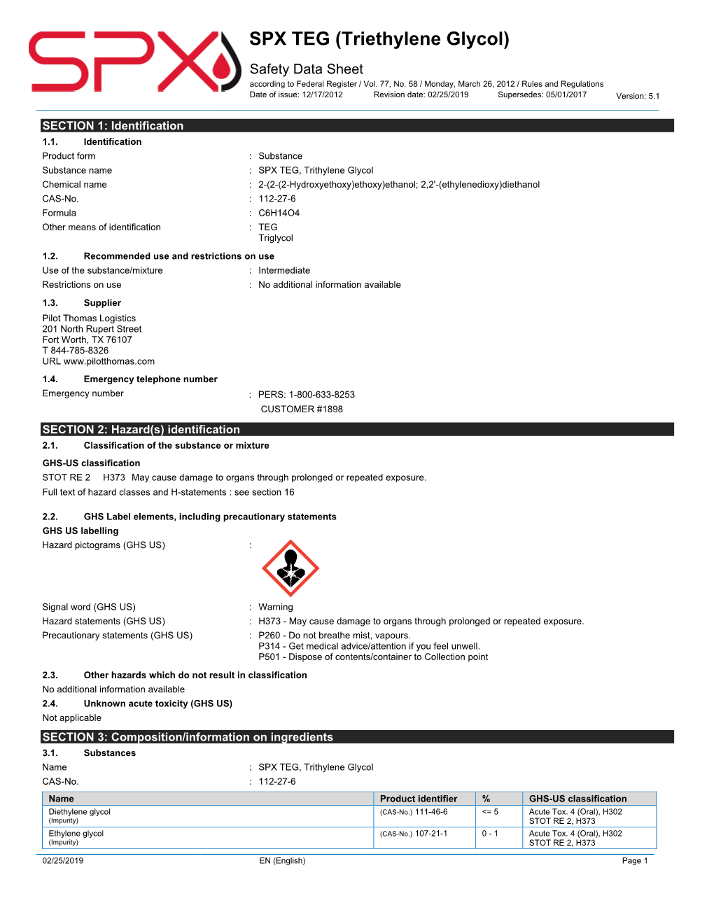SPX TEG (Triethylene Glycol) Safety Data Sheet According to Federal Register / Vol