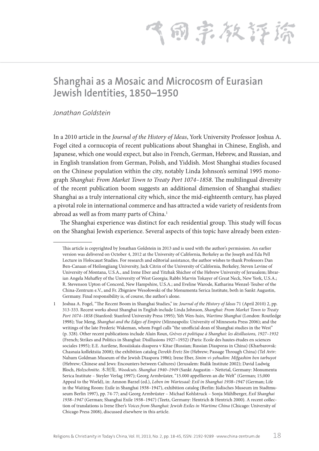 Shanghai As a Mosaic and Microcosm of Eurasian Jewish Identities, 1850–1950