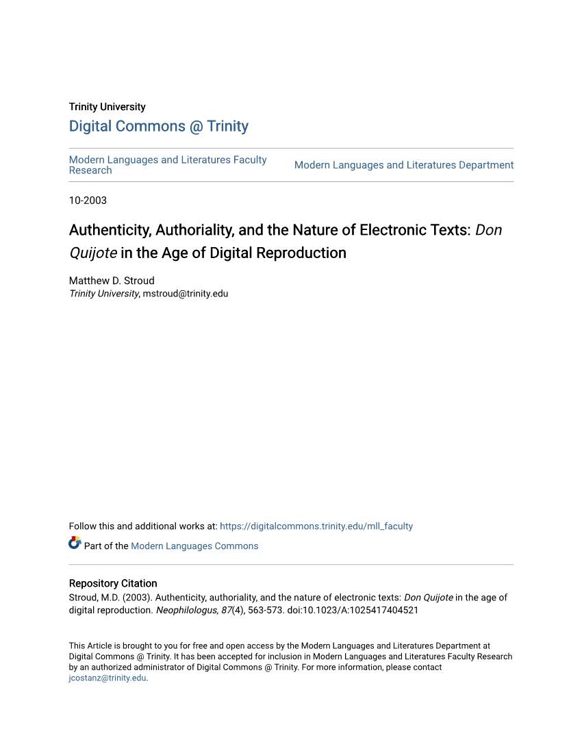 Authenticity, Authoriality, and the Nature of Electronic Texts: Don Quijote in the Age of Digital Reproduction