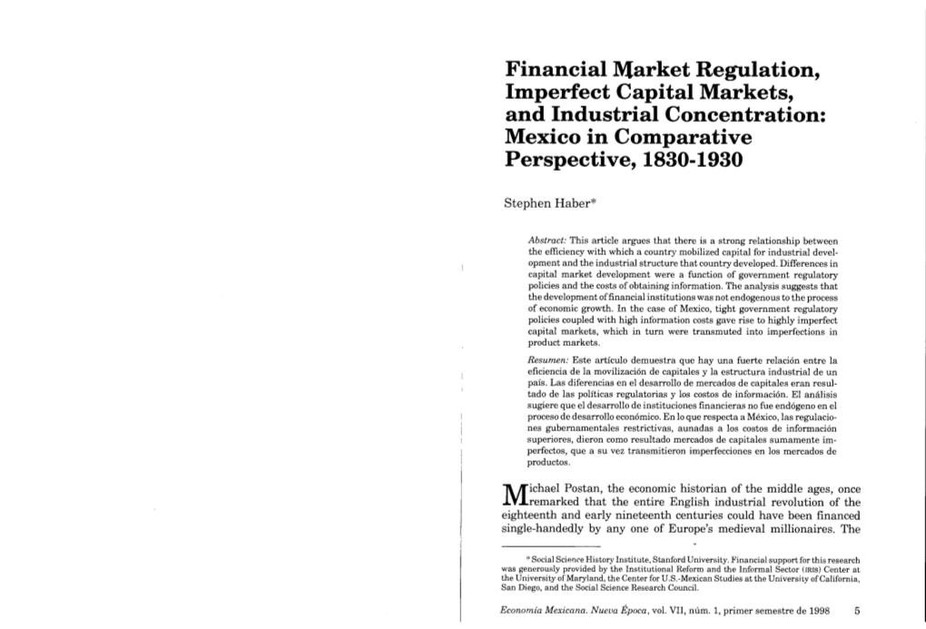 Financial Market Regulation, Imperfect Capital Markets, and Industrial Concentration: Mexico in Comparative Perspective, 1830-1930