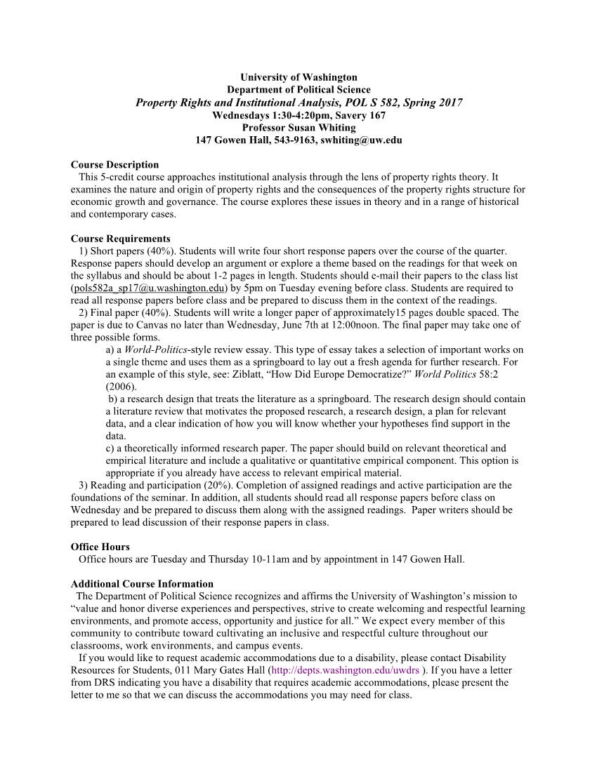 Property Rights and Institutional Analysis, POL S 582, Spring 2017