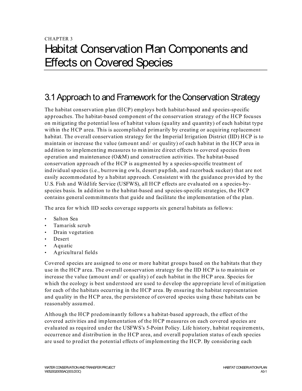 Habitat Conservation Plan Components and Effects on Covered Species
