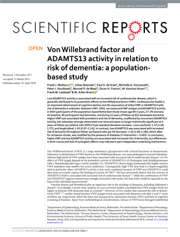 Von Willebrand Factor and ADAMTS13 Activity in Relation to Risk of Dementia