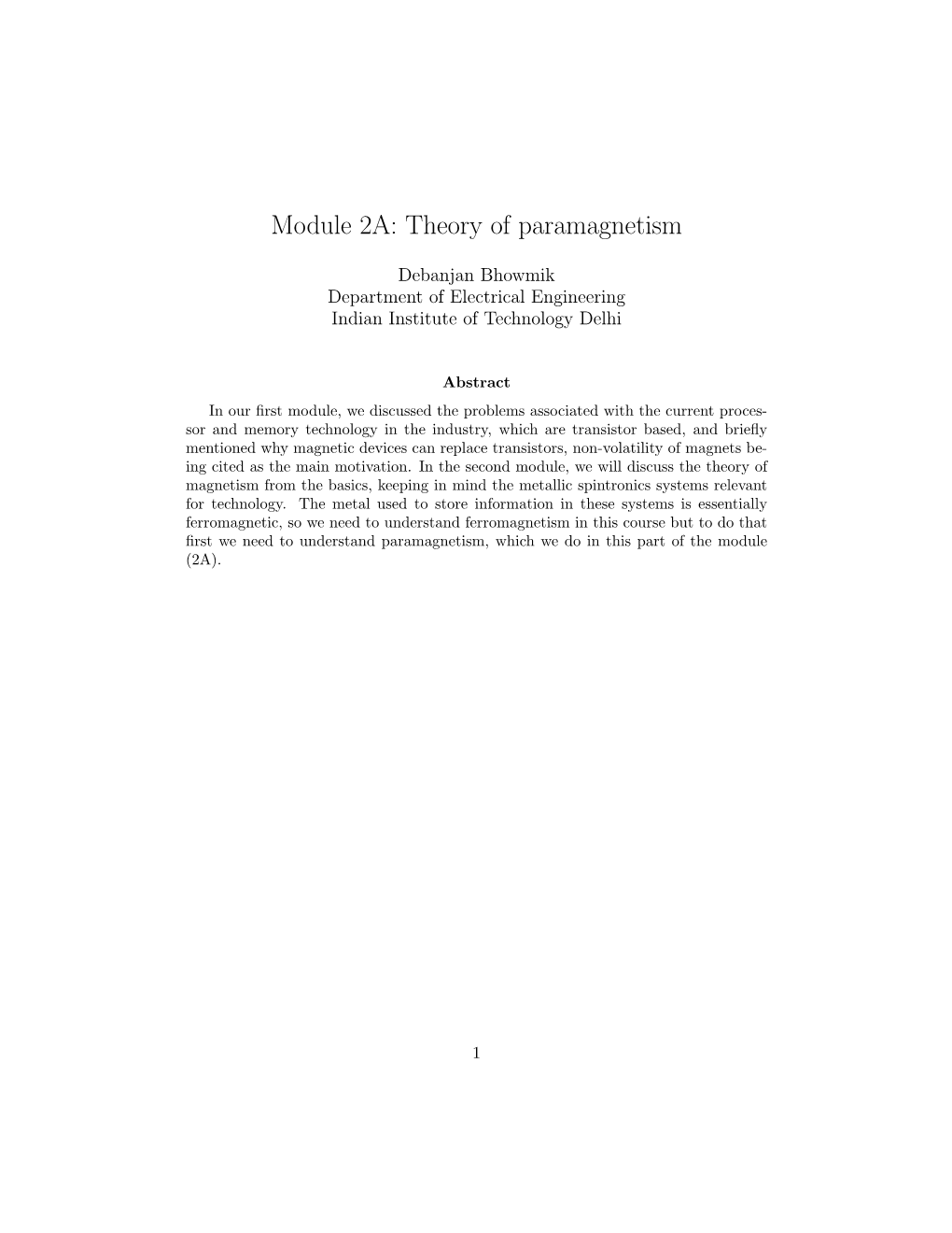 Module 2A: Theory of Paramagnetism