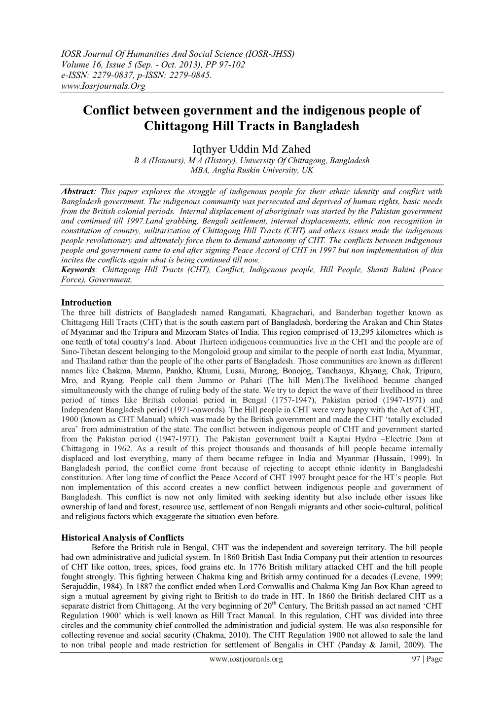 Conflict Between Government and the Indigenous People of Chittagong Hill Tracts in Bangladesh