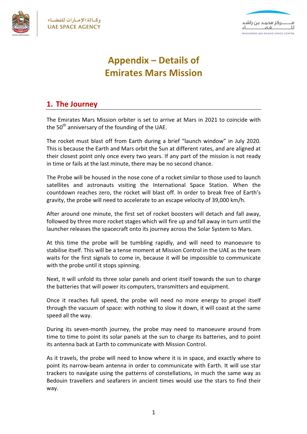 Appendix – Details of Emirates Mars Mission