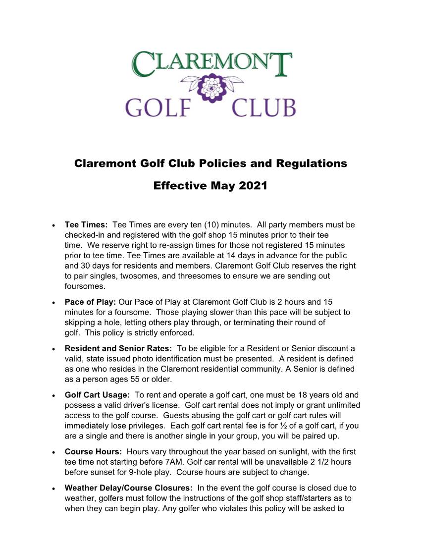 Claremont Golf Club Policies and Regulations Effective May 2021