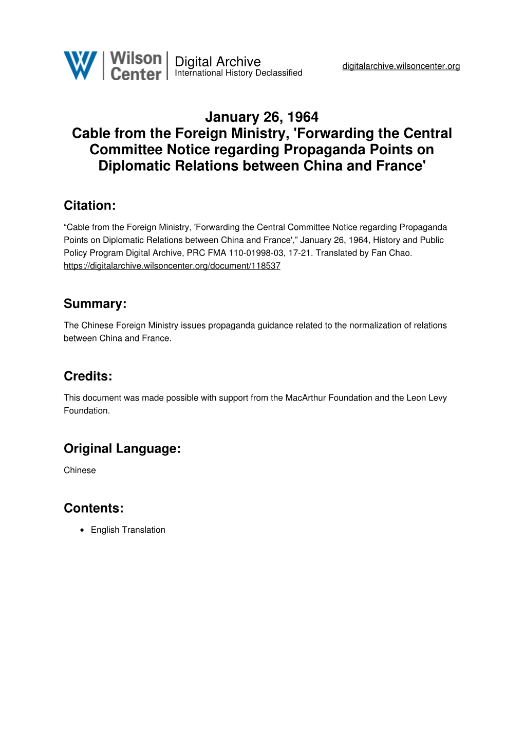 January 26, 1964 Cable from the Foreign Ministry, 'Forwarding The