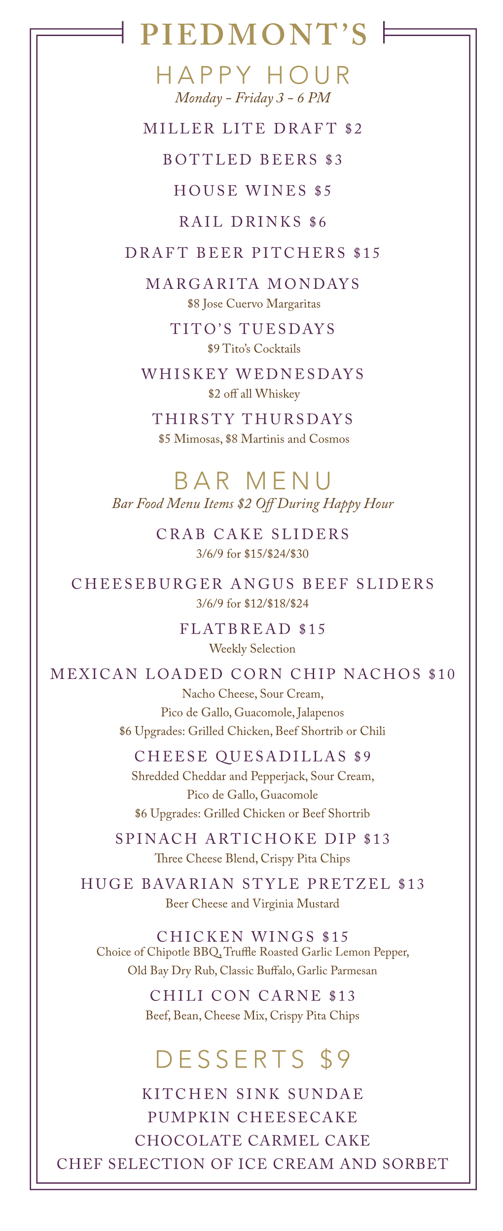 Happy Hour Bar Menu Desserts $9