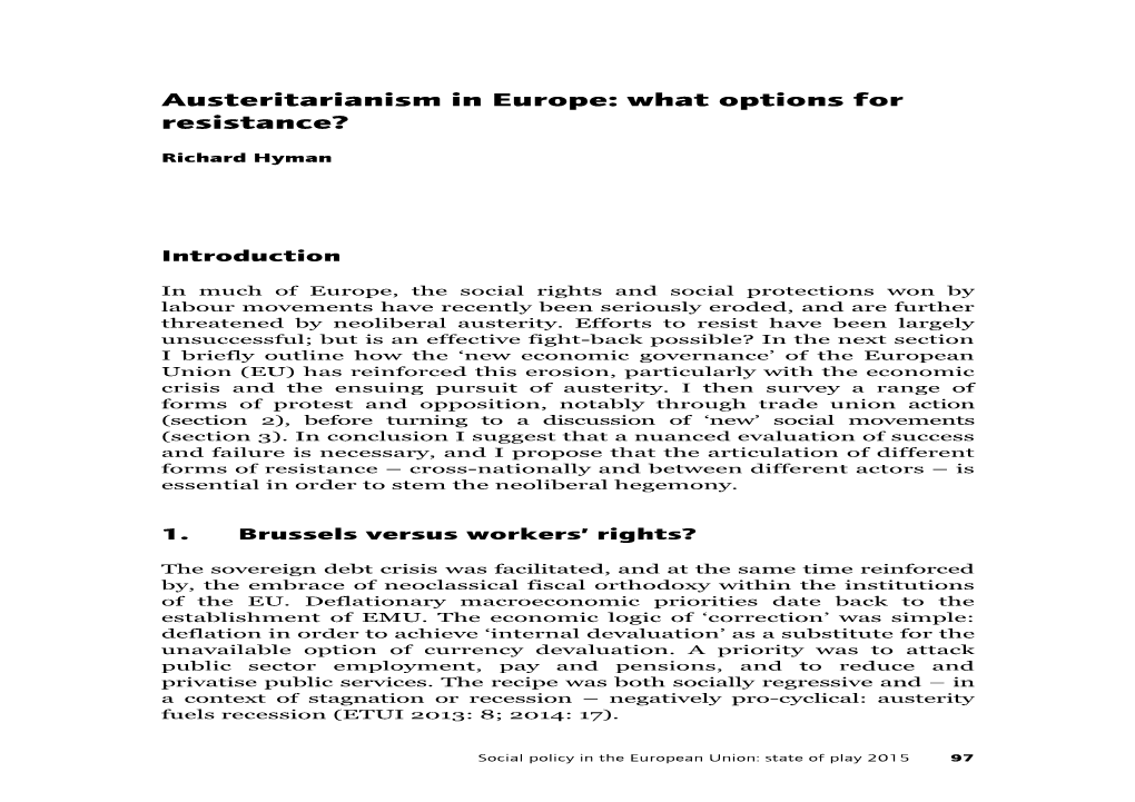 Austeritarianism in Europe: What Options for Resistance?