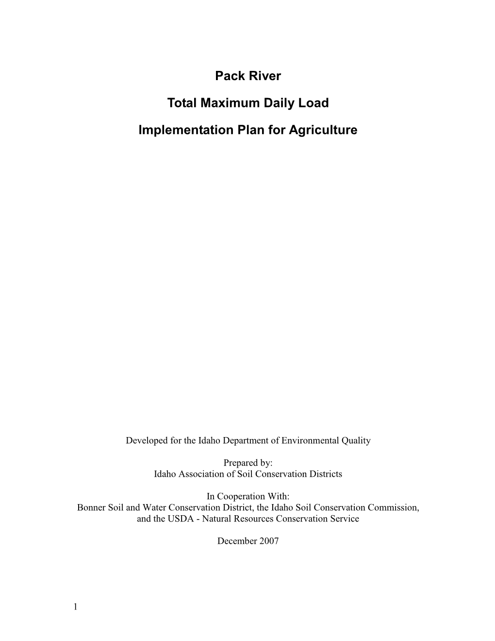 Pack River Total Maximum Daily Load Implementation Plan for Agriculture