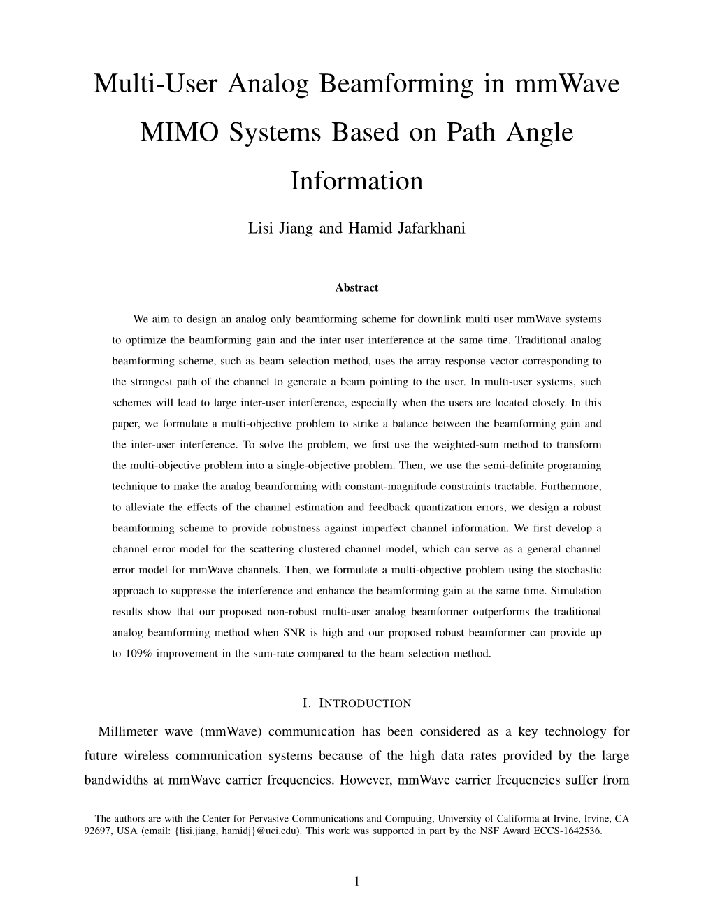 Multi-User Analog Beamforming in Mmwave MIMO Systems Based on Path Angle Information