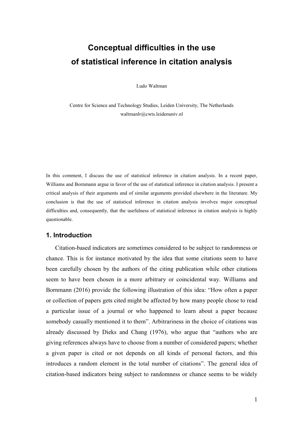 Conceptual Difficulties in the Use of Statistical Inference in Citation Analysis