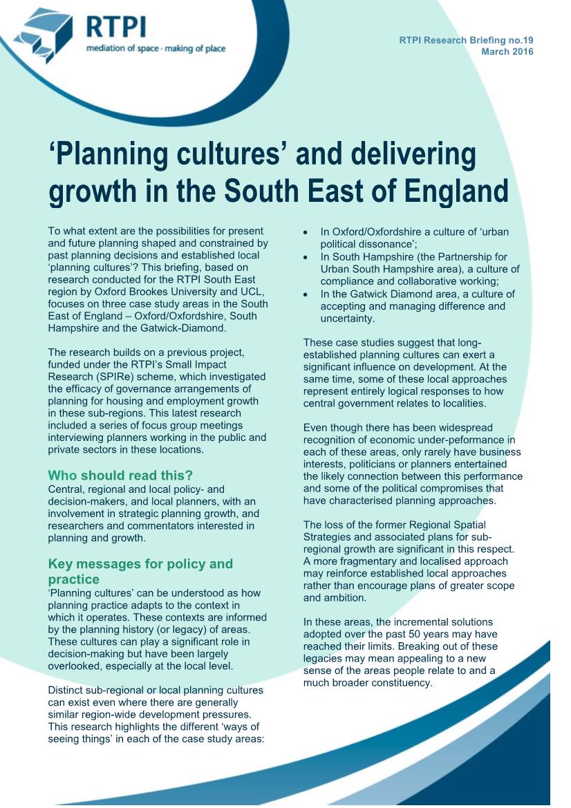 'Planning Cultures' and Delivering Growth in the South East of England