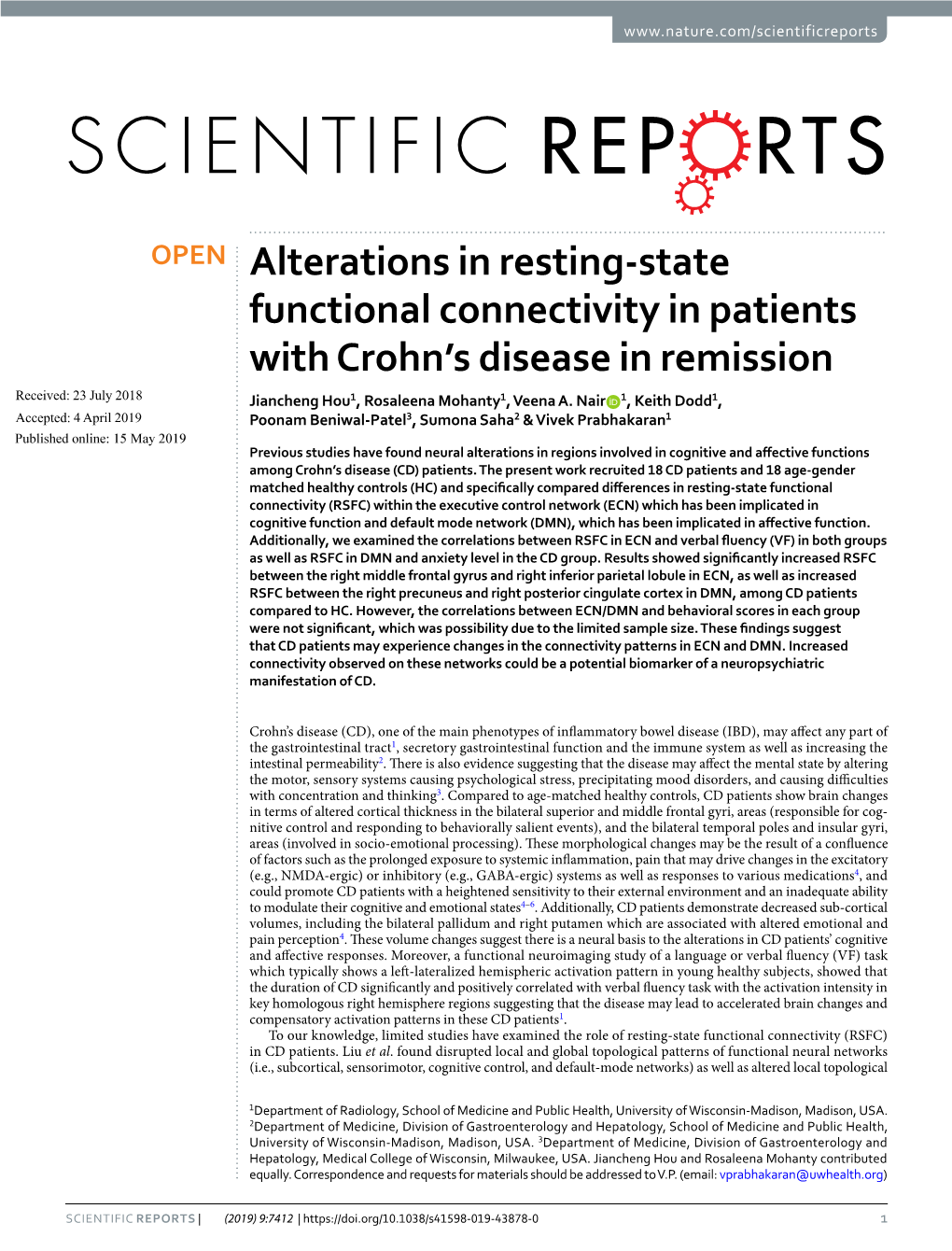 Alterations in Resting-State Functional Connectivity in Patients with Crohn's