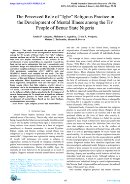 Religious Practice in the Development of Mental Illness Among the Tiv People of Benue State Nigeria