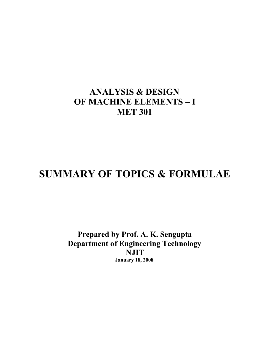 Summary of Topics & Formulae