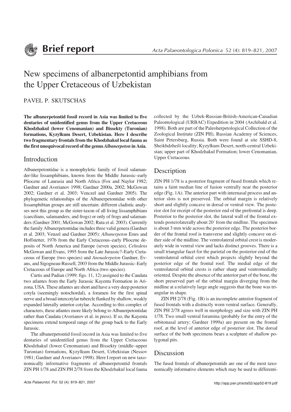 New Specimens of Albanerpetontid Amphibians from the Upper Cretaceous of Uzbekistan