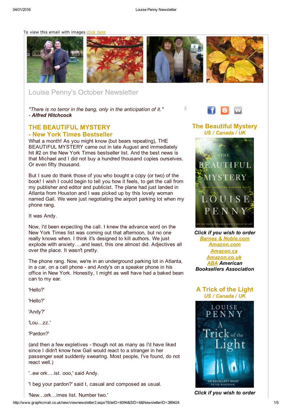 Louise Penny's October Newsletter