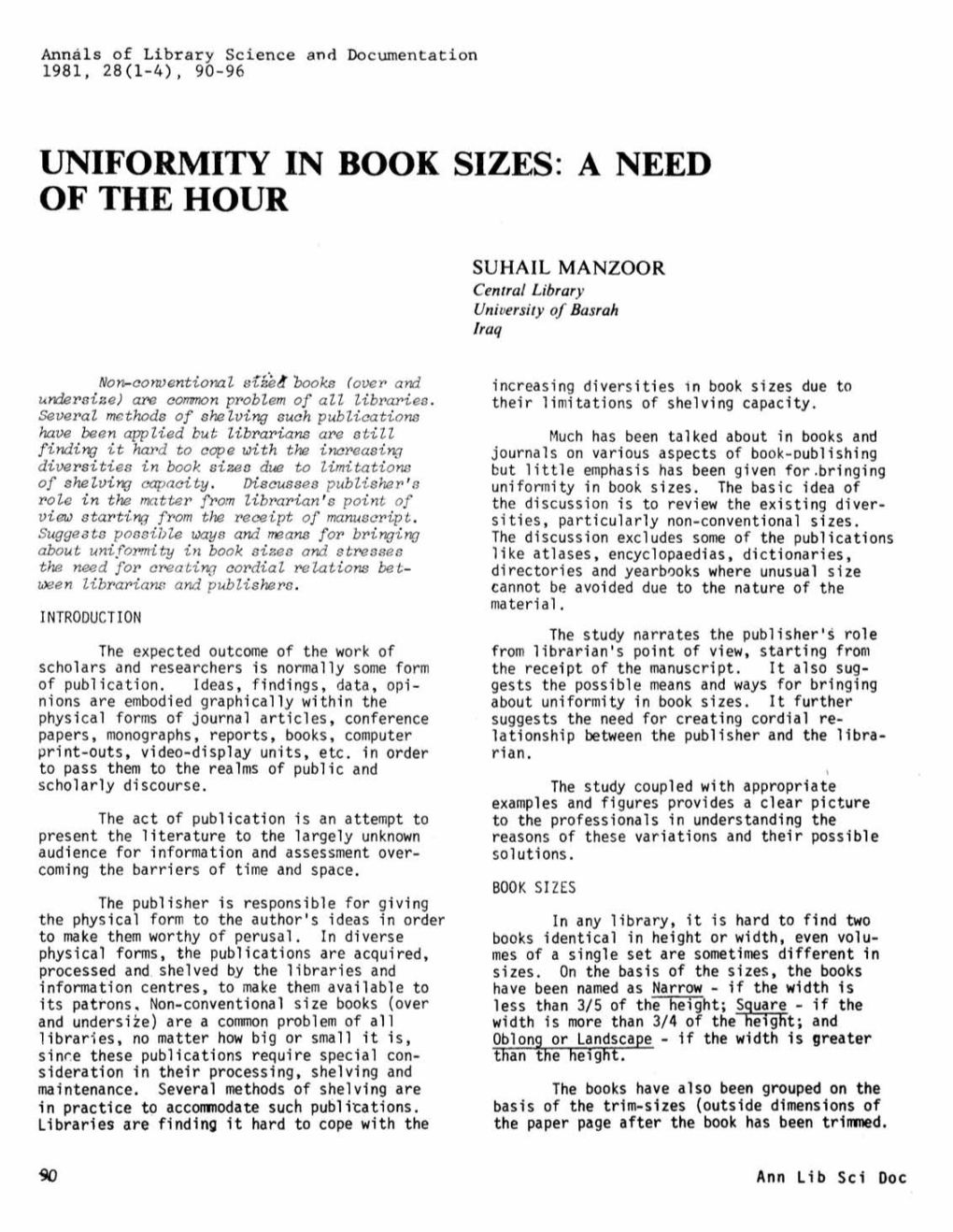 Uniformity in Book Sizes: a Need Ofthehour