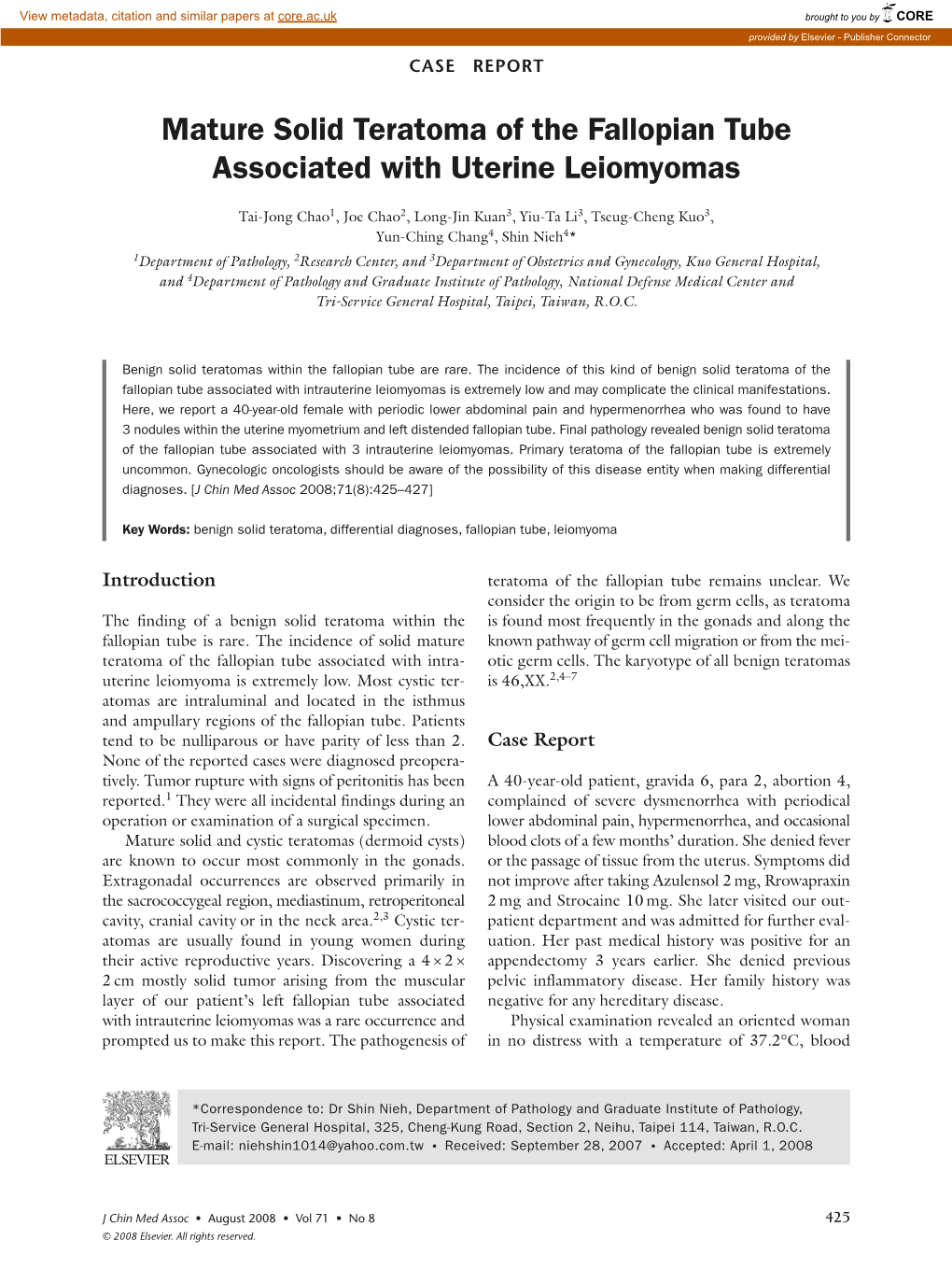 Mature Solid Teratoma of the Fallopian Tube Associated with Uterine Leiomyomas