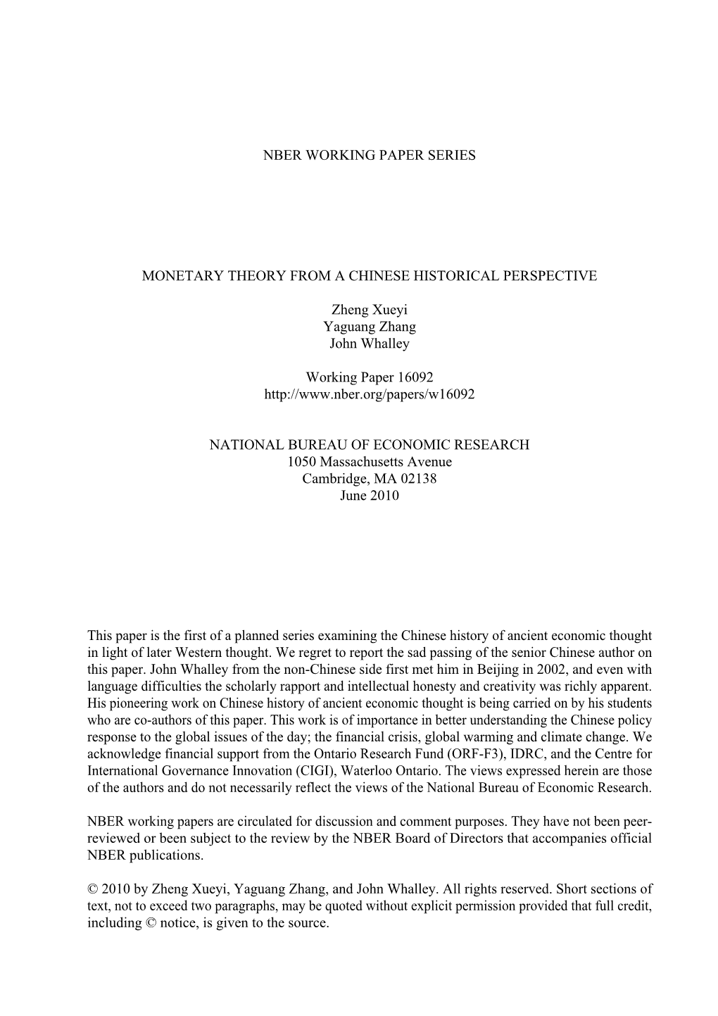 Nber Working Paper Series Monetary Theory from A