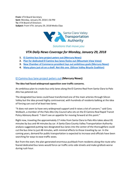 VTA Daily News Coverage for Monday, January 29, 2018 1