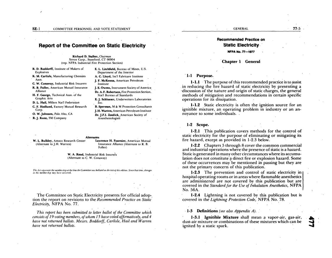 Report of the Committee on Static Electricity Static. Electricity- NFPA No..77--I977 Richard D