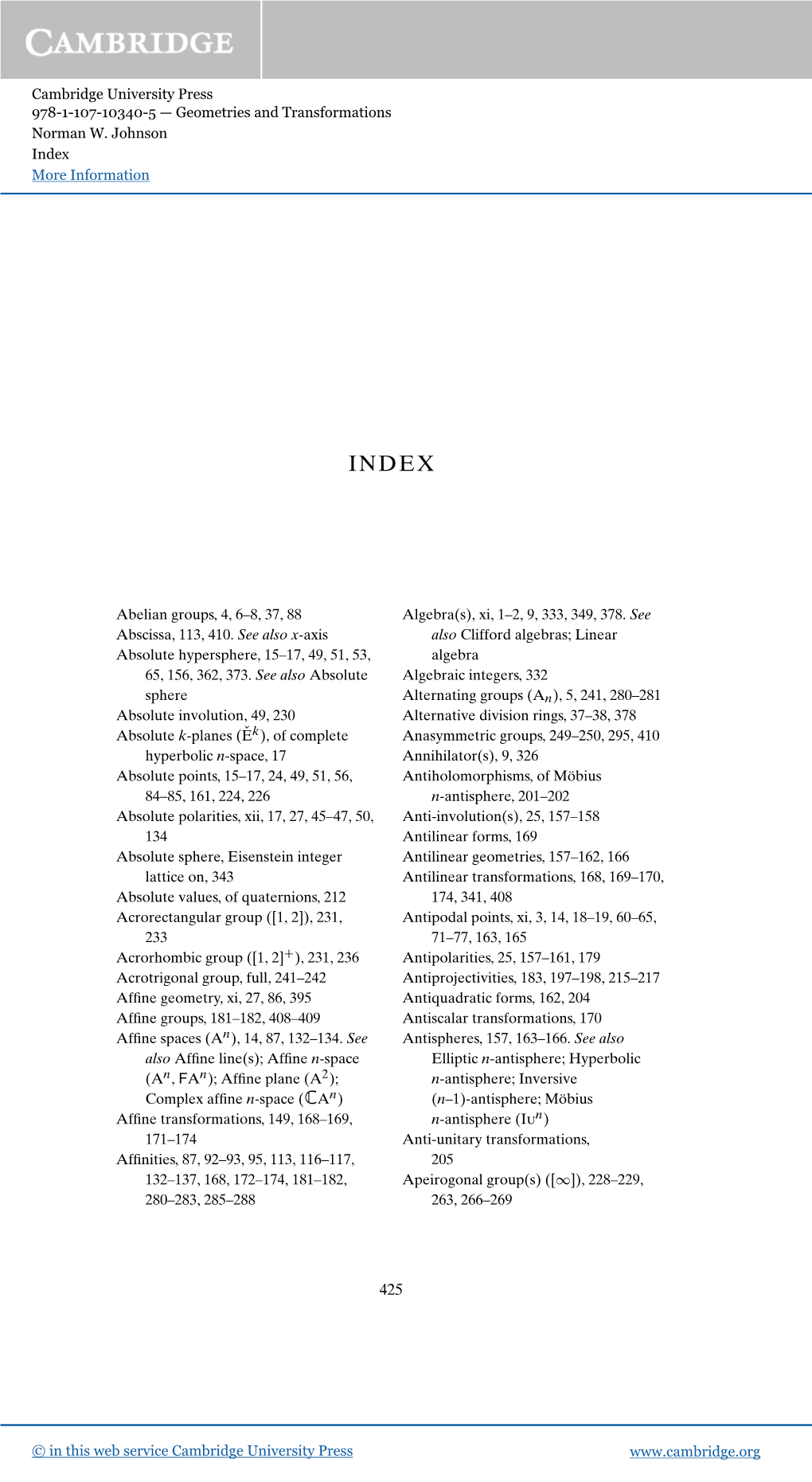 Cambridge University Press 978-1-107-10340-5 — Geometries and Transformations Norman W. Johnson Index More Information