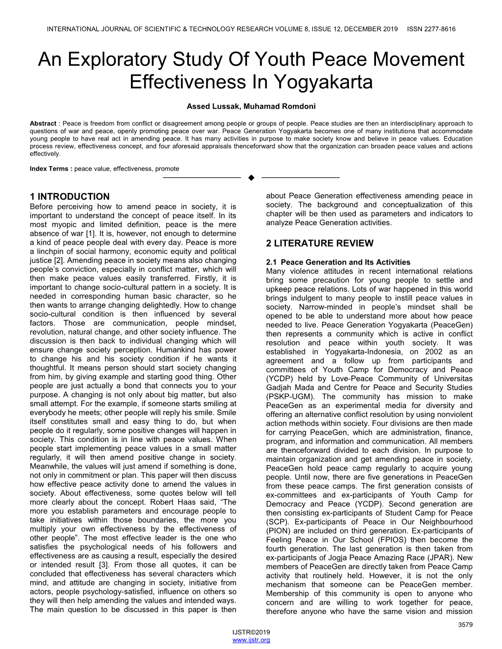 An Exploratory Study of Youth Peace Movement Effectiveness in Yogyakarta