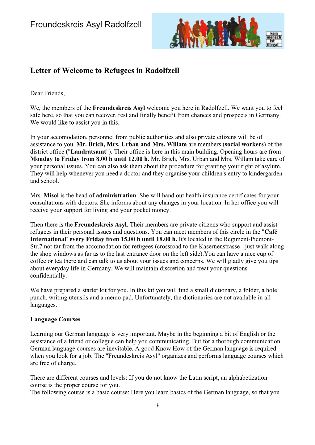 Letter of Welcome to Refugees in Radolfzell