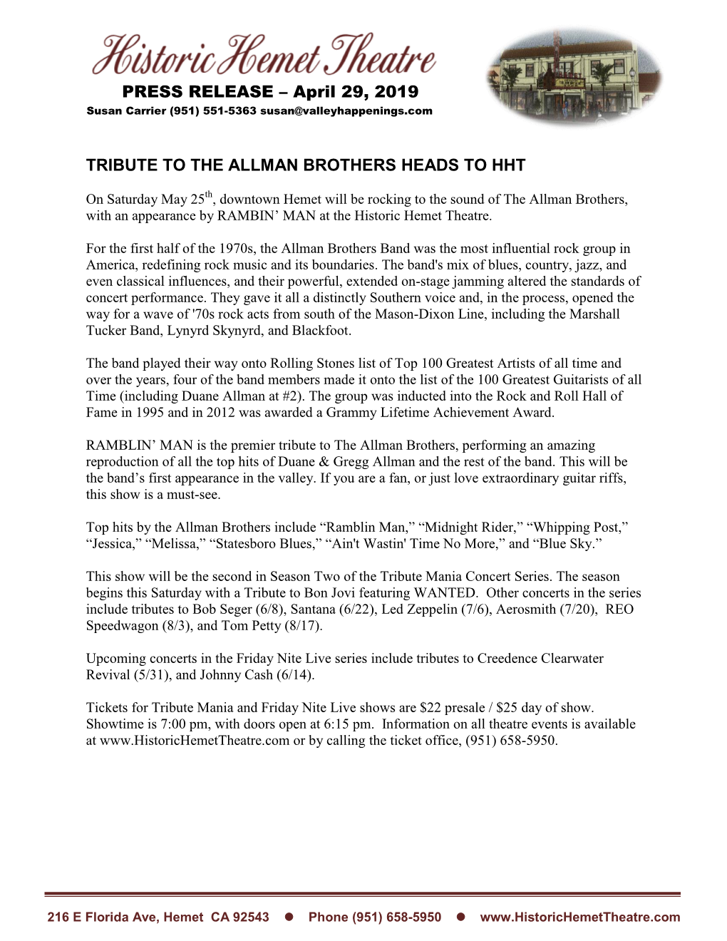 Tribute to the Allman Brothers Heads to Hht