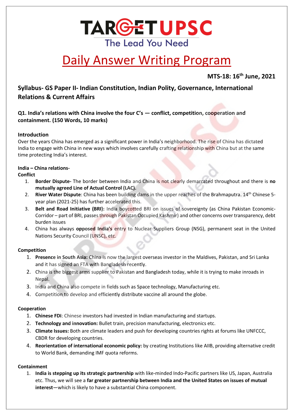 Daily Answer Writing Program MTS-18: 16Th June, 2021 Syllabus- GS Paper II- Indian Constitution, Indian Polity, Governance, International Relations & Current Affairs