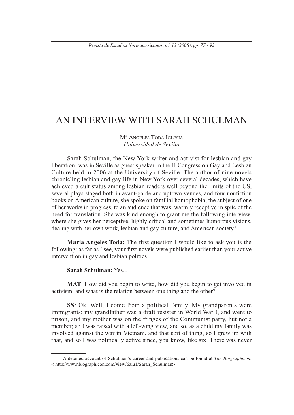 An Interview with Sarah Schulman