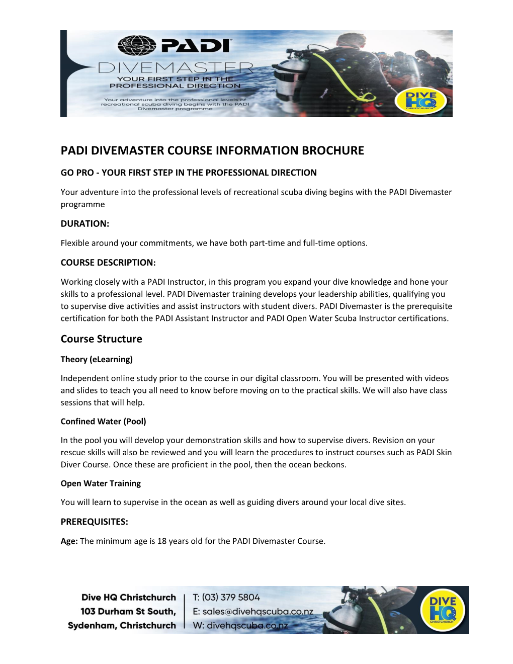 Padi Divemaster Course Information Brochure