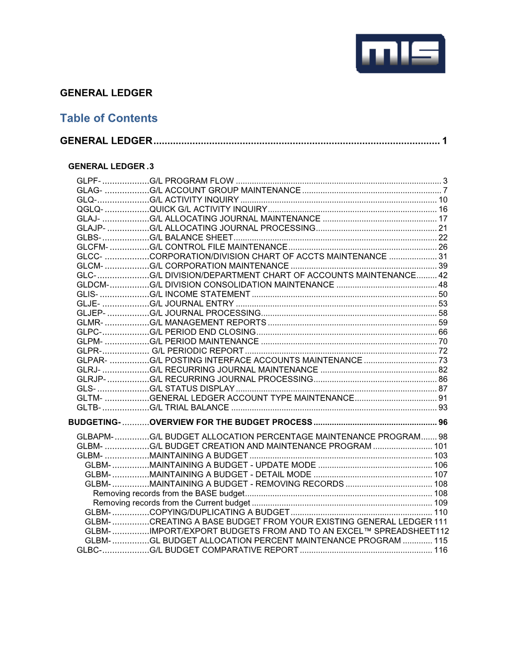 General Ledger Table of Contents
