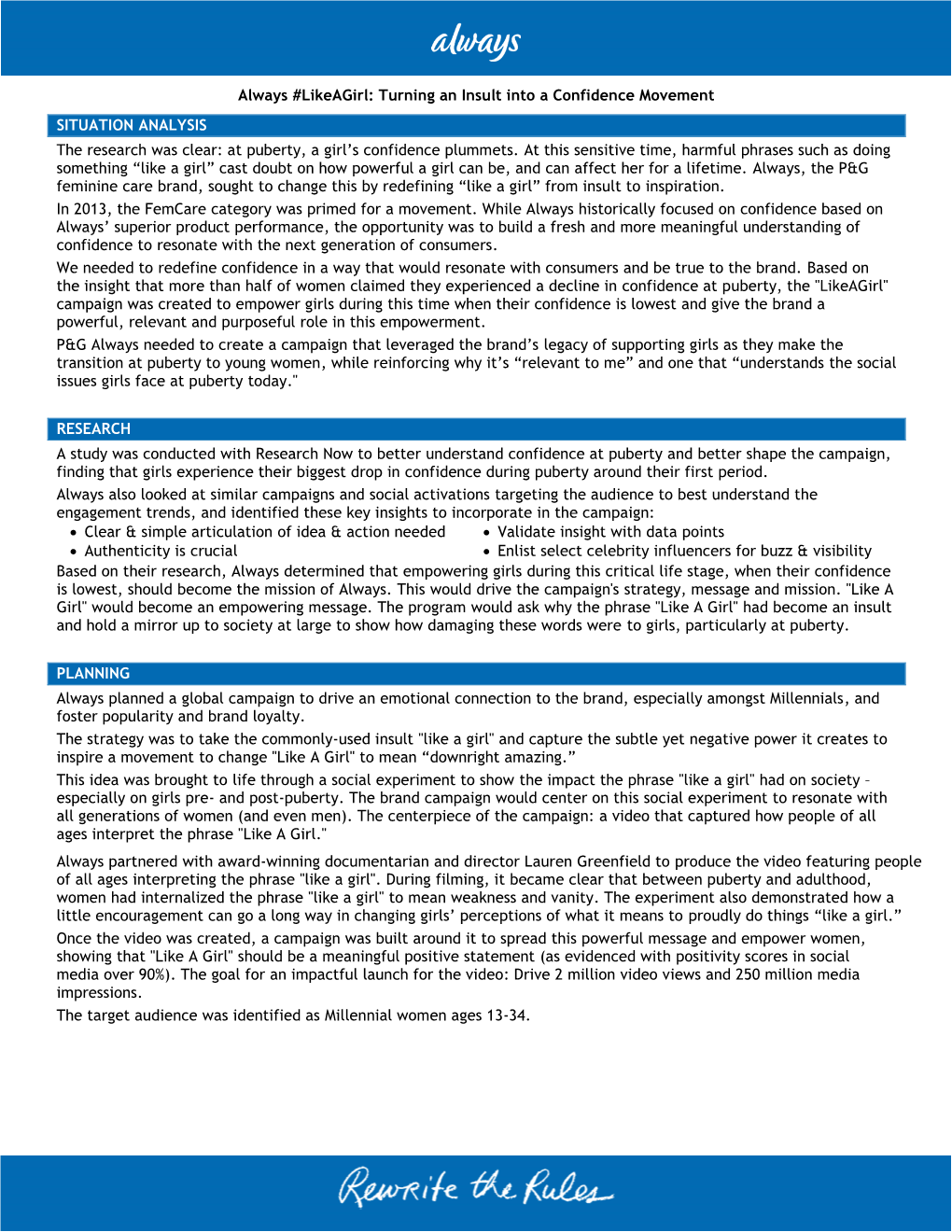 Always #Likeagirl: Turning an Insult Into a Confidence Movement SITUATION ANALYSIS the Research Was Clear: at Puberty, a Girl'