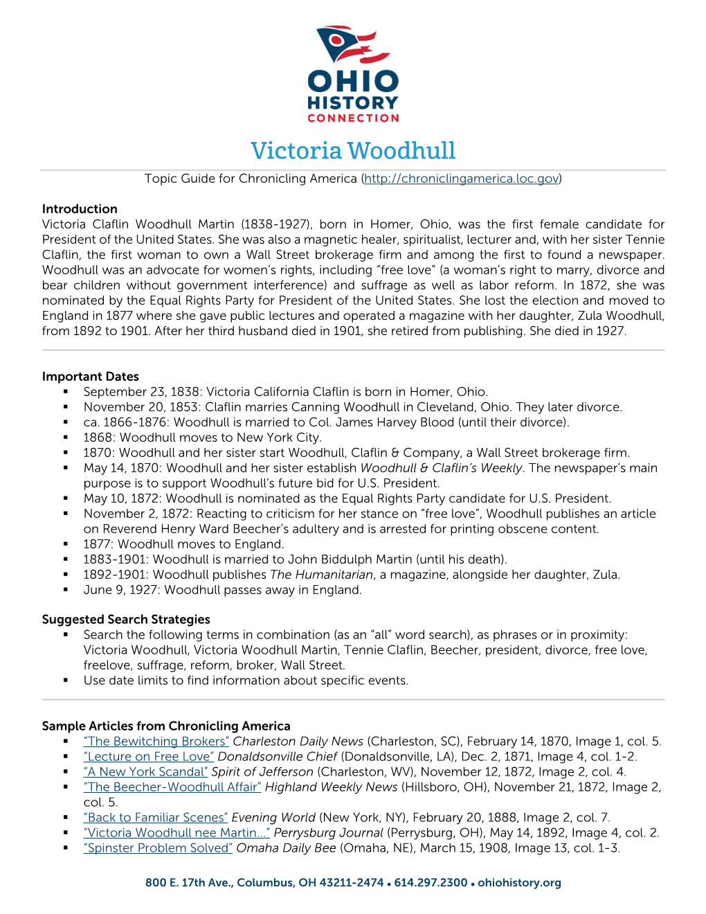 Victoria Woodhull Topic Guide for Chronicling America (
