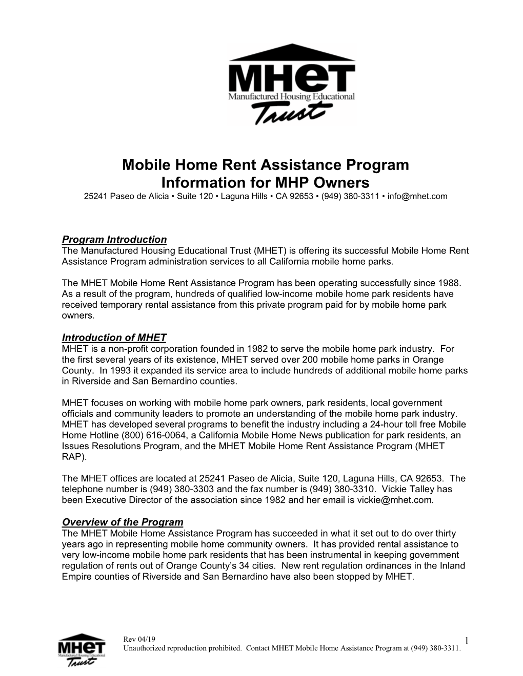 Mobile Home Rent Assistance Program Information for MHP Owners 25241 Paseo De Alicia • Suite 120 • Laguna Hills • CA 92653 • (949) 380-3311 • Info@Mhet.Com