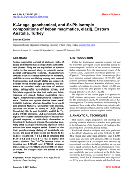 K-Ar Age, Geochemical, and Sr-Pb Isotopic Compositions of Keban Magmatics, Elazig, Easternanatolia, Turkey