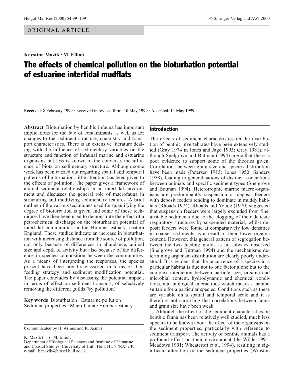 The Effects of Chemical Pollution on the Bioturbation Potential of Estuarine Intertidal Mudflats