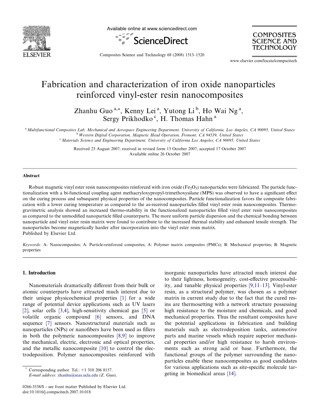 Fabrication and Characterization of Iron Oxide Nanoparticles Reinforced Vinyl-Ester Resin Nanocomposites