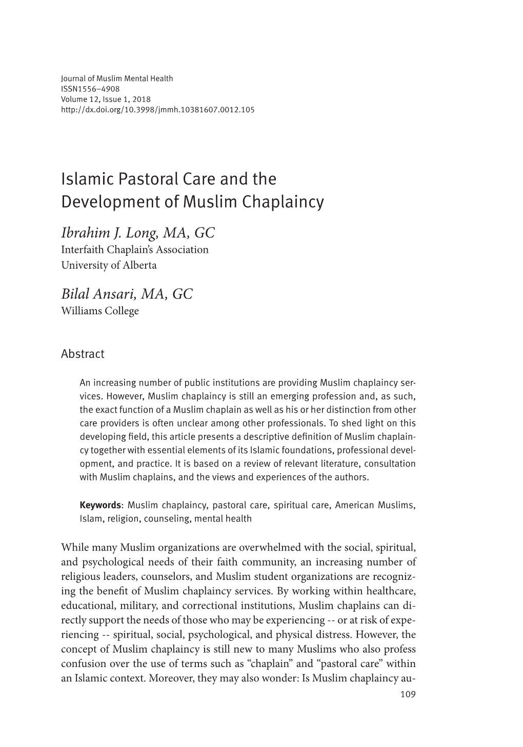 Islamic Pastoral Care and the Development of Muslim Chaplaincy