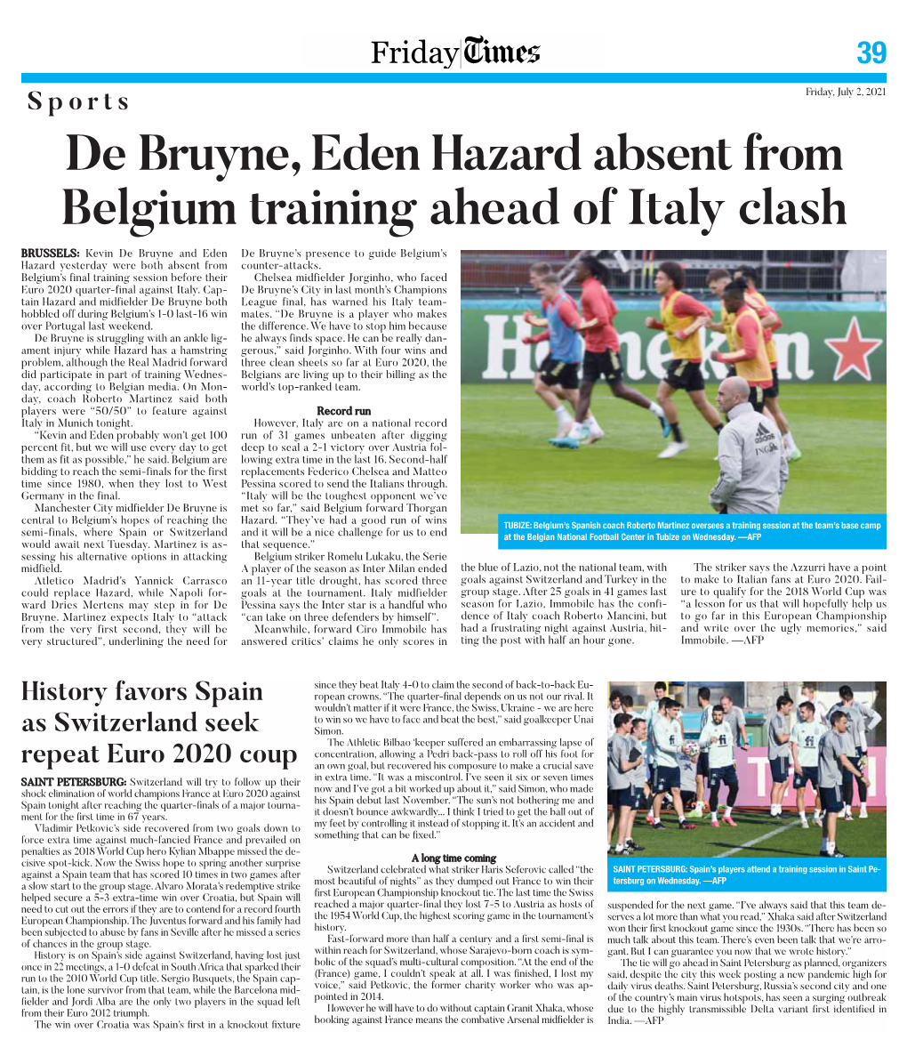 De Bruyne, Eden Hazard Absent from Belgium Training Ahead of Italy Clash