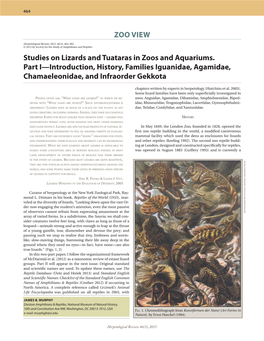 Studies on Lizards and Tuataras in Zoos and Aquariums. Part I—Introduction, History, Families Iguanidae, Agamidae, Chamaeleonidae, and Infraorder Gekkota