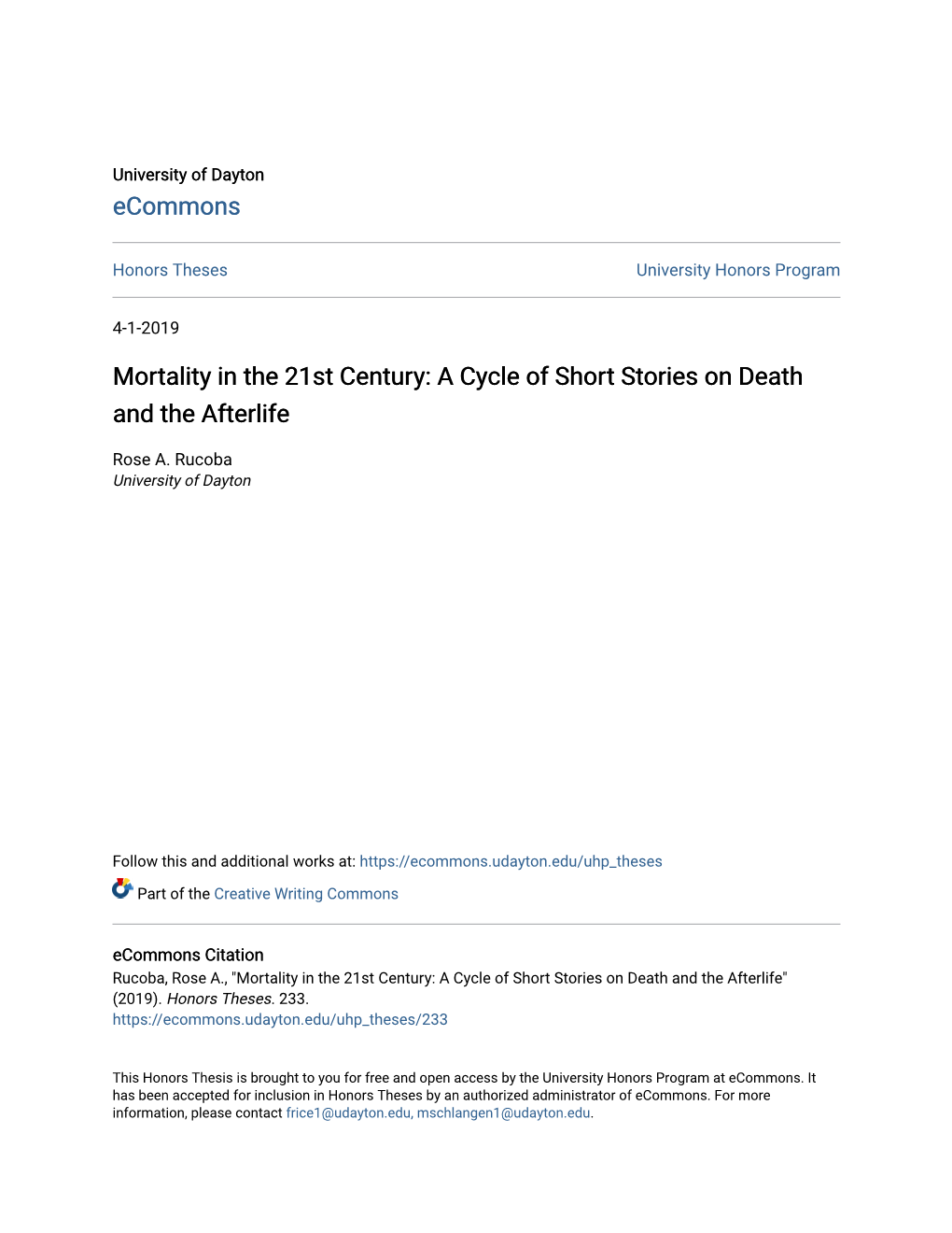 Mortality in the 21St Century: a Cycle of Short Stories on Death and the Afterlife