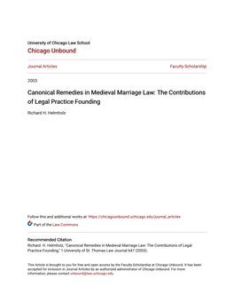 Canonical Remedies in Medieval Marriage Law: the Contributions of Legal Practice Founding